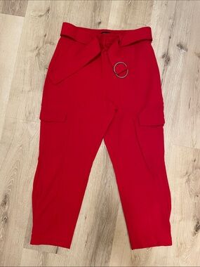 Banana Republic Red High-Waist Cargo Crop Pants with Tie Belt